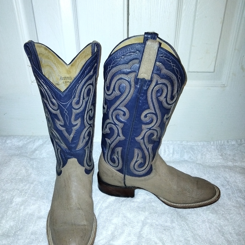 Panhandle Slim Elephant skin boots, 8.5, Blue/Tan